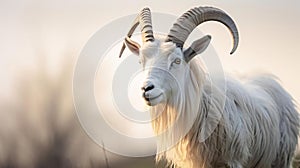 A white horned goat head on blurry natural background, generated by ai