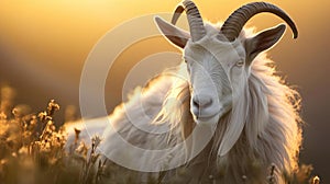 A white horned goat head on blurry natural background, generated by ai