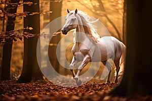 White horse in autumn forest, wallpaper background
