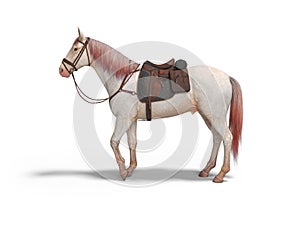 White horse with bridle left view 3d render on white background with shadow