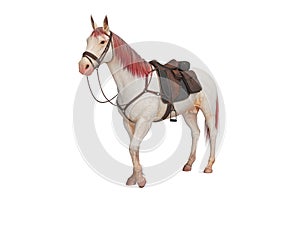 White horse with bridle with red mane and tail 3d render on white background no shadow