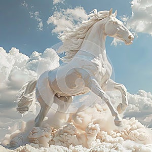 White horse in clouds, standing on hind legs, resembling a statue in the sky