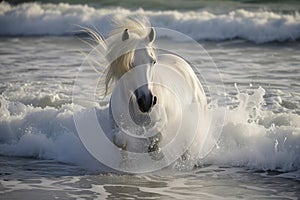 white horse with flowing mane splashing through beachside surf