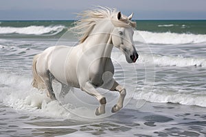 white horse with flowing mane splashing through beachside surf