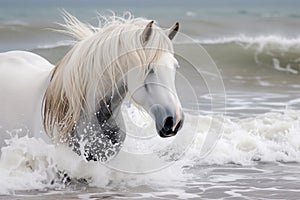 white horse with flowing mane splashing through beachside surf