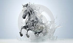 White horse with flying hair and splashes of water on white background