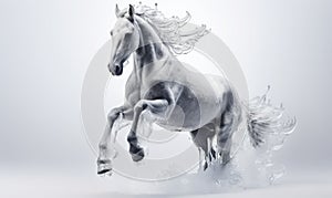 White horse with flying hair and splashes of water on white background. Frozen water splashes on background. Horse in dynamic pose