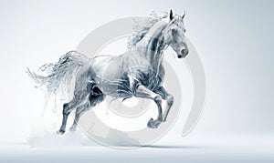 White horse with flying hair and splashes of water on white background. Frozen water splashes on background. Horse in dynamic pose