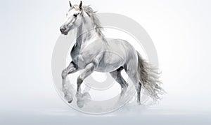 White horse with flying hair and splashes of water on white background. Frozen water splashes on background. Horse in dynamic pose