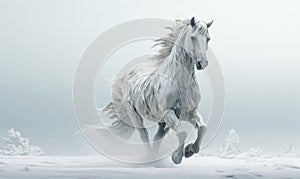 White horse with flying hair and splashes of water on white background. Frozen water splashes on background. Horse in dynamic pose