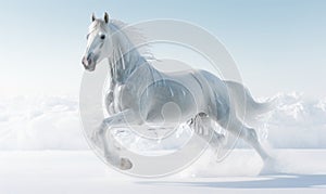 White horse with flying hair and splashes of water on white background. Frozen water splashes on background. Horse in dynamic pose