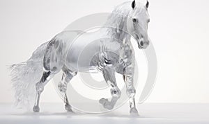 White horse with flying hair and splashes of water on white background. Frozen water splashes on background. Horse in dynamic pose