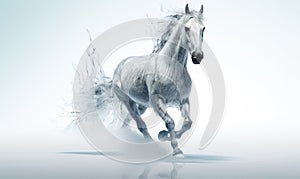 White horse with flying hair and splashes of water on white background. Frozen water splashes on background. Horse in dynamic pose