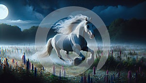 White horse galloping swiftly across a meadow on night