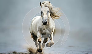 White horse galloping in water, motion blur, close-up