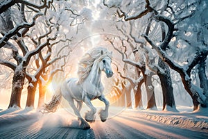 White horse galloping through winter forest