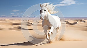 White horse gallops across sandy desert on a hot sunny day, raising clouds of dust. The mane flutters in the wind.