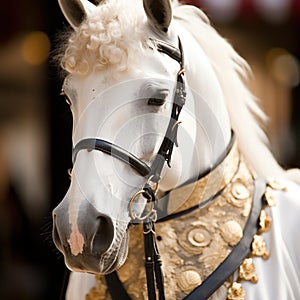 A white horse with a gold bridle, AI