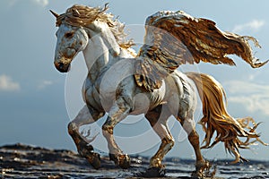 White horse with golden mane runs in the water against the sky