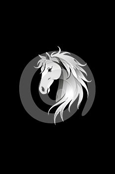 White horse head logo illustration on black background. Emblem, icon for company or sport team branding
