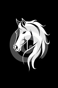 White horse head logo illustration on black background. Emblem, icon for company or sport team branding