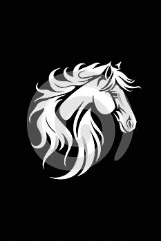 White horse head logo illustration on black background. Emblem, icon for company or sport team branding