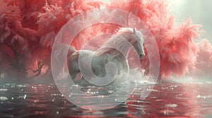 A white horse with a large mane, entering the water of a lake or river against the background of pink trees