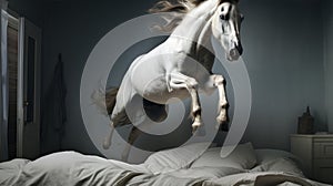 White Horse Leaping From Bed: A Spectacular Close-up In The Style Of Mike Campau