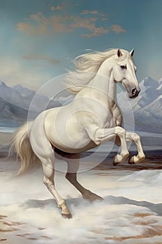 White horse with long mane running in the desert. Digital painting