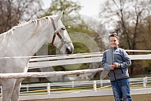 White horse looks at the boy