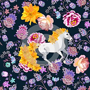 White horse with mane and tail in shape of golden dahlia flowers against floral and paisley ornament on dark background.