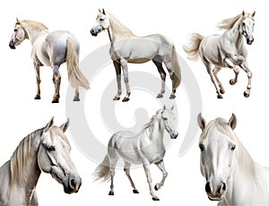 White horse, many angles and view portrait side back head shot isolated on transparent background cutout, PNG