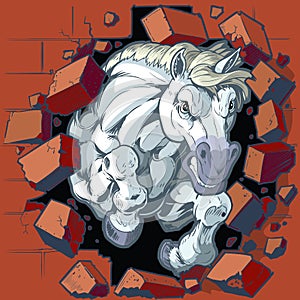White Horse Mascot Crashing Through Wall Vector Illustration
