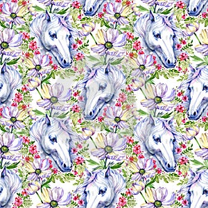 White horse with pink flowers watercolor seamless pattern. Floral unicorn seamless background