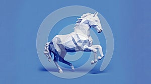 White horse polygon jumping on blue background. Generative AI