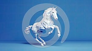 White horse polygon jumping on blue background. Generative AI