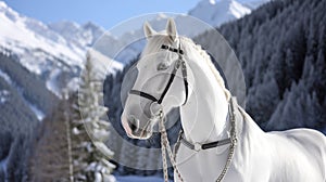 white horse profile with the snowy St. Moritz landscape in the background