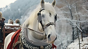 A white horse is pulling a carriage through the snow, AI