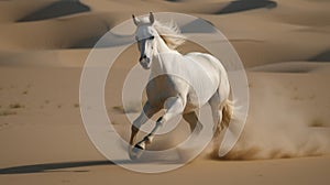 White horse run free in desert sand dust. Generative AI