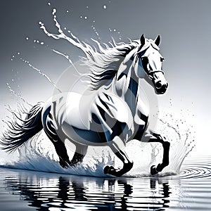 a white horse running across a body of water, digital horse, white horse.