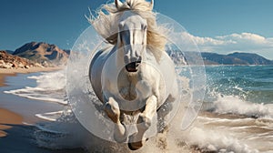 A white horse running on a beach. Generative AI.