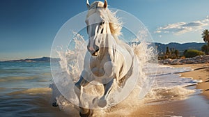 A white horse running on a beach. Generative AI.