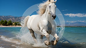 A white horse running on a beach. Generative AI.