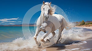 A white horse running on a beach. Generative AI.