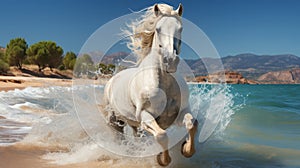 A white horse running on a beach. Generative AI.