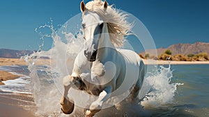 A white horse running on a beach. Generative AI.