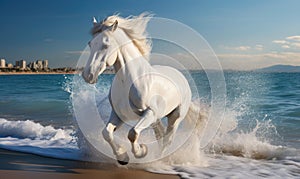 White horse running on the beach and splashing water in the sea