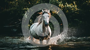 A white horse running through a body of water. Generative AI image.