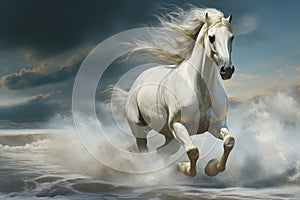 White horse running in the desert. The galloping white horse.