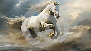 White horse running in the desert. The galloping white horse.